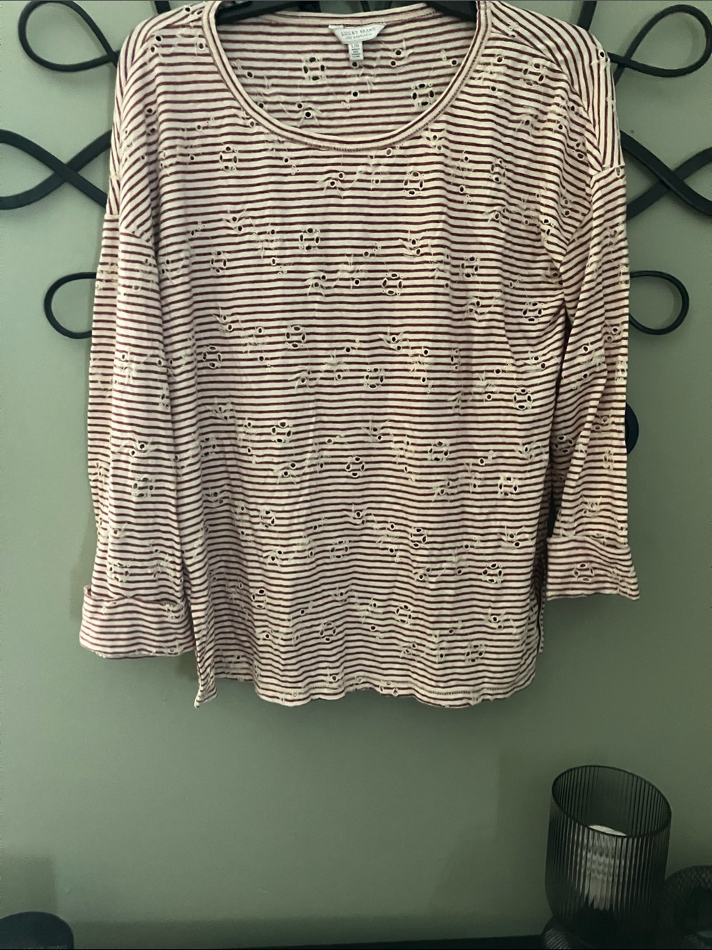 Lucky Brand Pink and White Striped Eyelet Long Sleeve Tee